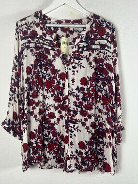 Lucky Brand Womens Top Size 3X White Red Floral Peasant Blouse Button Up New $99